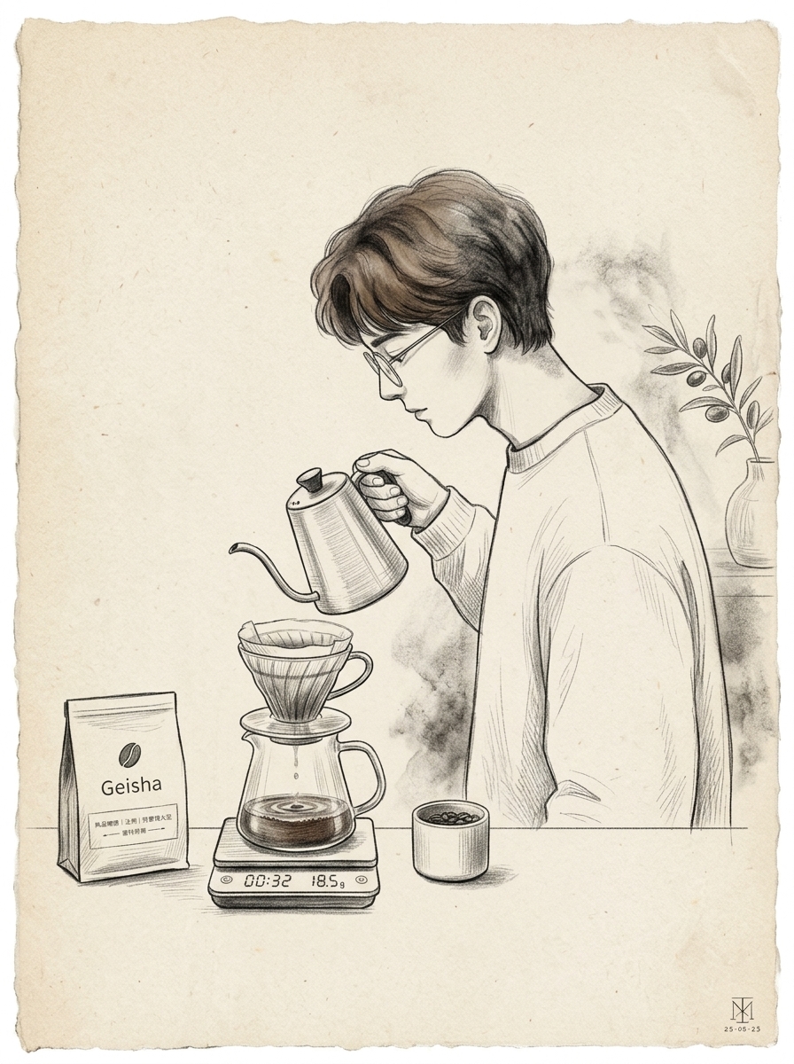 Hand drip pour-over coffee sketch